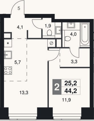 Планировка: 2-к, 44,2 м²