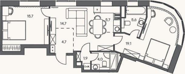 Планировка: 3-к, 72,8 м²