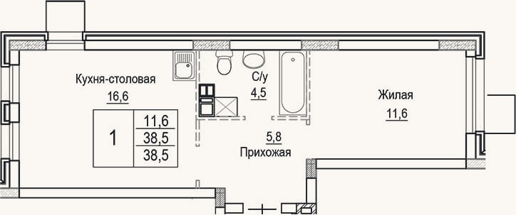 Планировка: 2-к, 38,5 м²