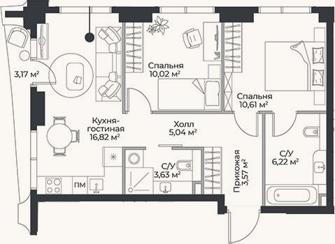 Планировка: 3-к, 55,9 м²