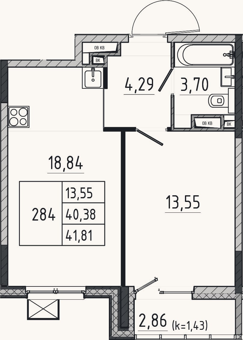 Планировка: 2-к, 40,4 м²