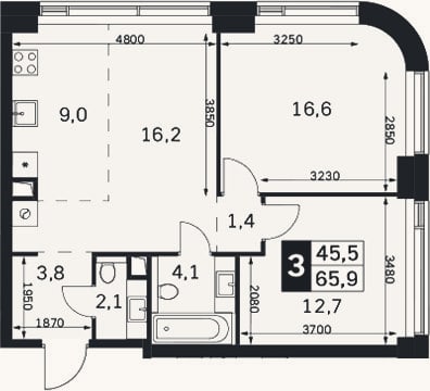 Планировка: 3-к, 65,9 м²