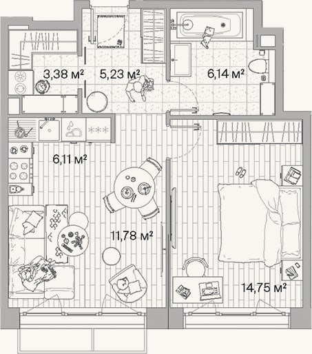 Планировка: 2-к, 47,4 м²