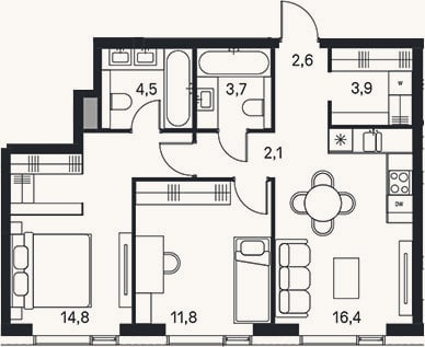 Планировка: 3-к, 59,8 м²