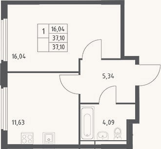 Планировка: 1-к, 37,1 м²