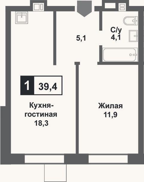 Планировка: 2-к, 39,4 м²