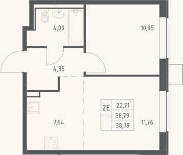 Планировка: 2-к, 38,8 м²