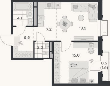 Планировка: 2-к, 48,3 м²