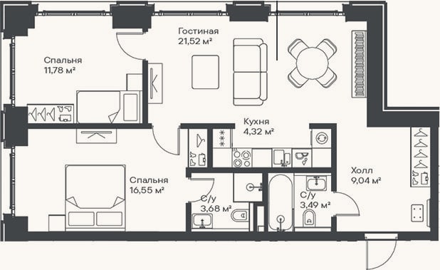 Планировка: 3-к, 70,4 м²