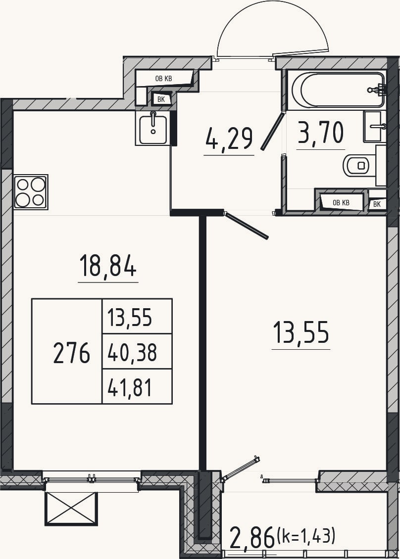 Планировка: 2-к, 40,4 м²