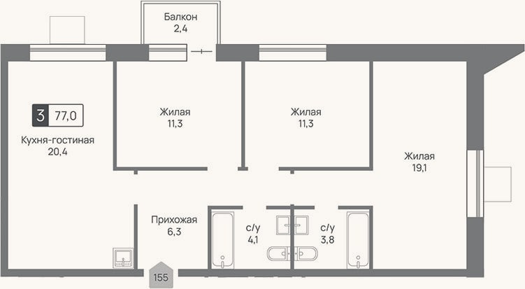 Планировка: 4+ к, 76,3 м²