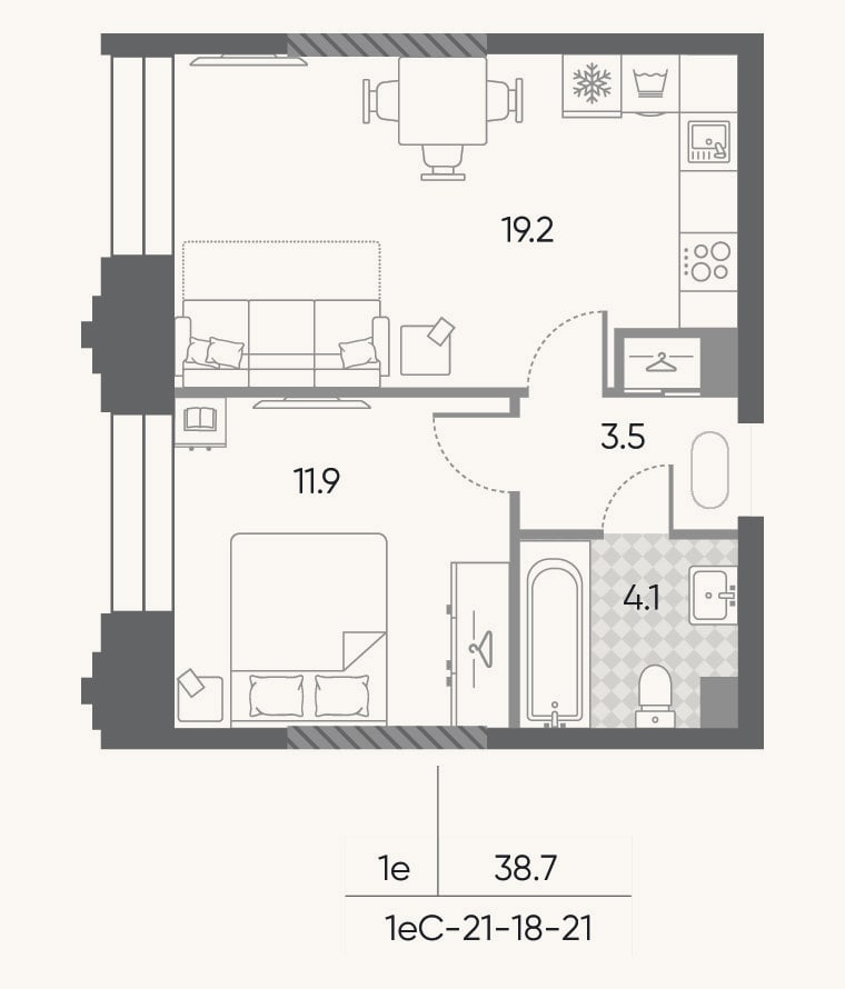 Планировка: 2-к, 38,7 м²