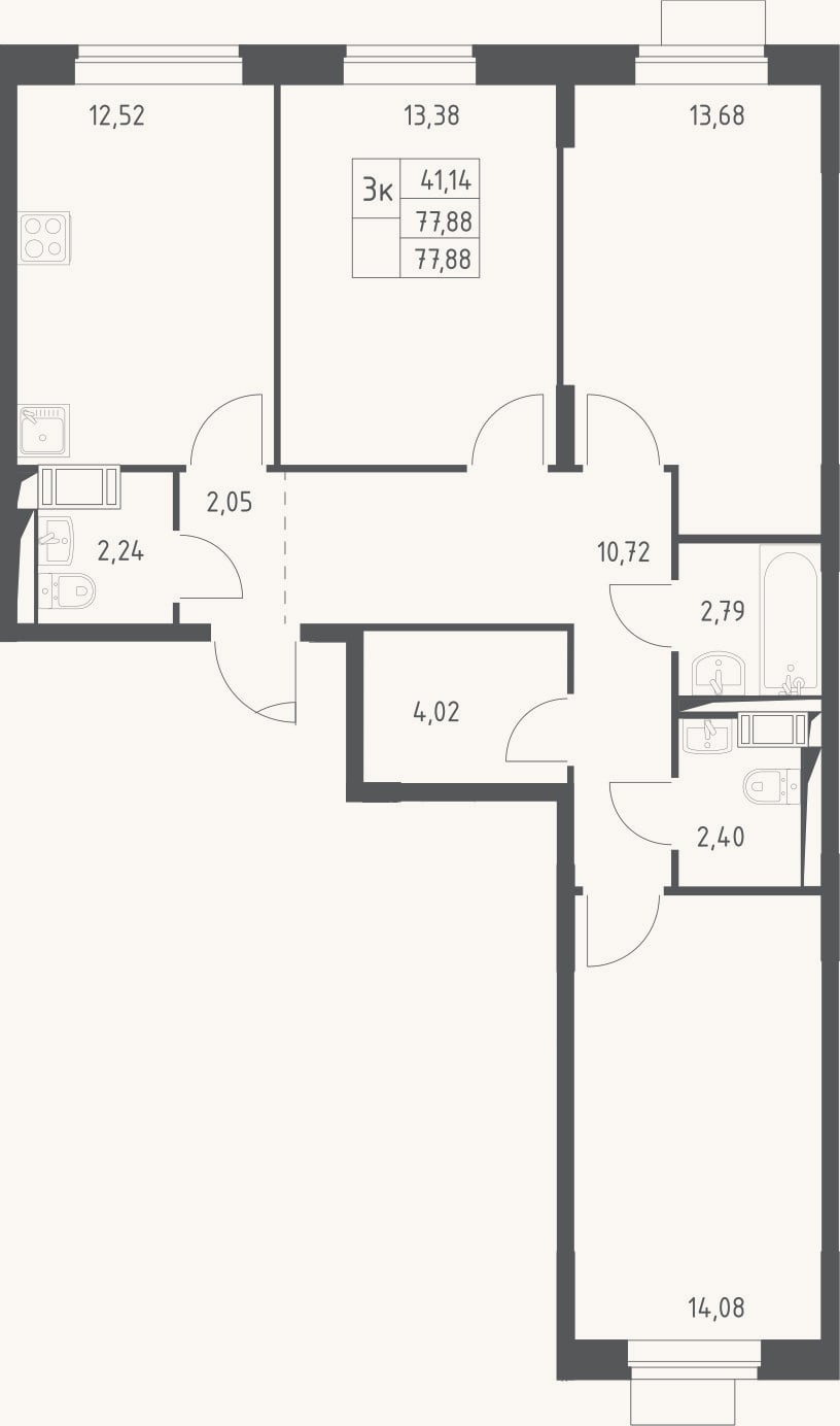 Планировка: 3-к, 77,9 м²