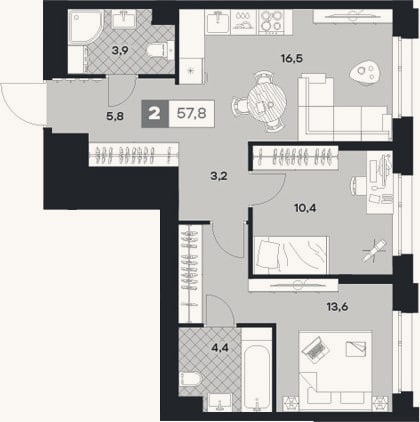 Планировка: 2-к, 57,8 м²