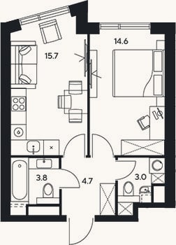 Планировка: 1-к, 41,8 м²