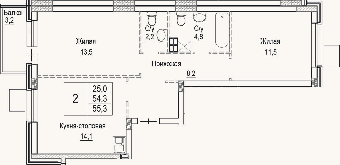 Планировка: 3-к, 54,3 м²
