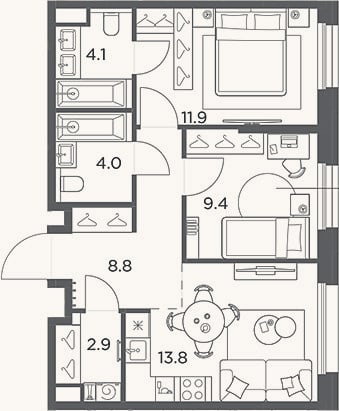 Планировка: 2-к, 54,9 м²