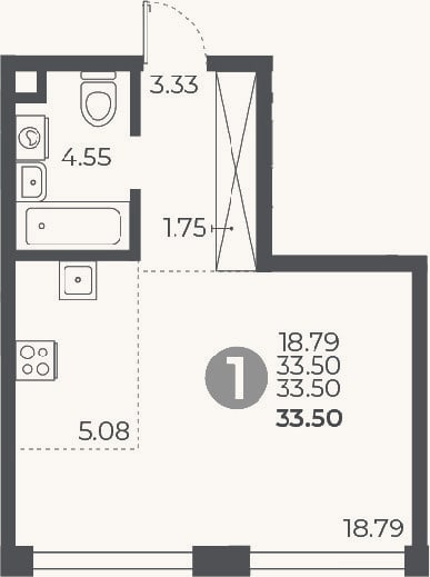 Планировка: Студия, 33,5 м²