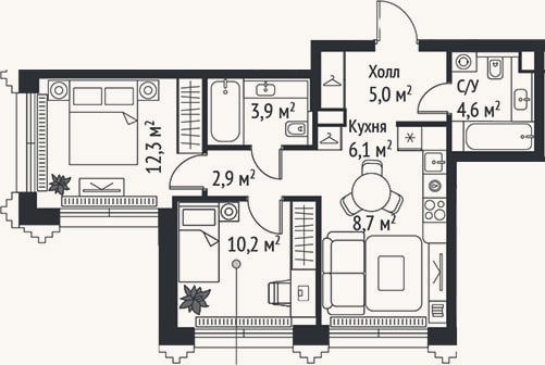 Планировка: 3-к, 53,7 м²