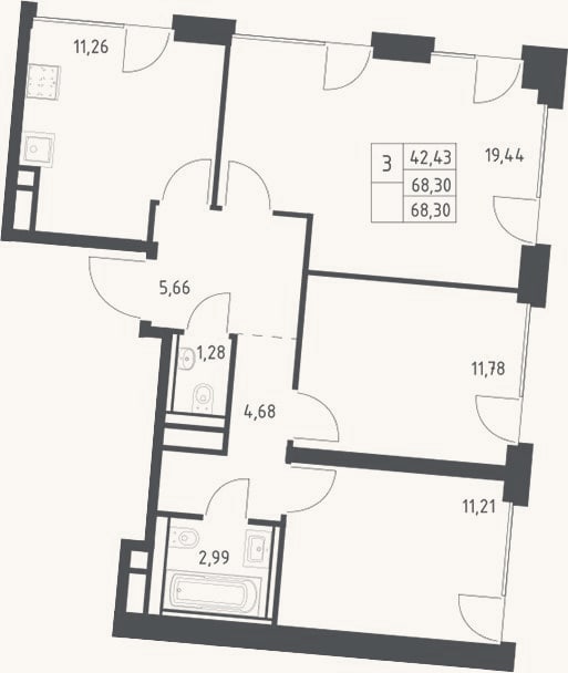 Планировка: 3-к, 68,3 м²
