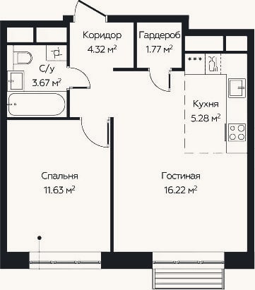 Планировка: 2-к, 42,9 м²