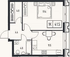 Планировка: 1-к, 41,5 м²