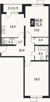 Планировка: 2-к, 69,8 м²