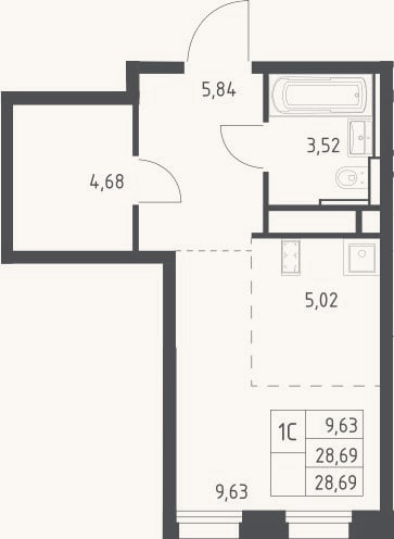 Планировка: Студия, 28,7 м²