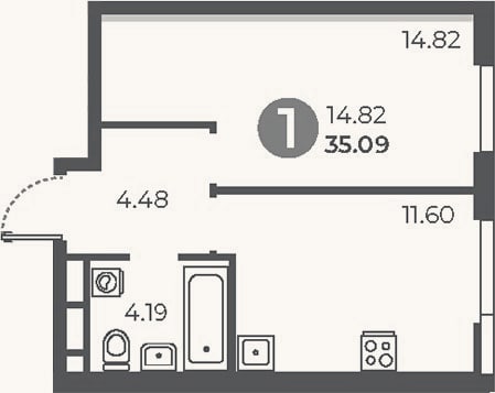 Планировка: 1-к, 35,1 м²