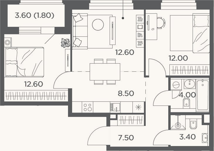 Планировка: 3-к, 60,6 м²