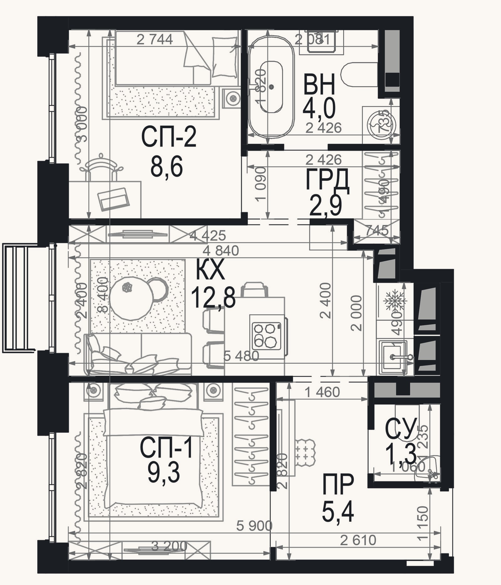 Планировка: 2-к, 44,3 м²