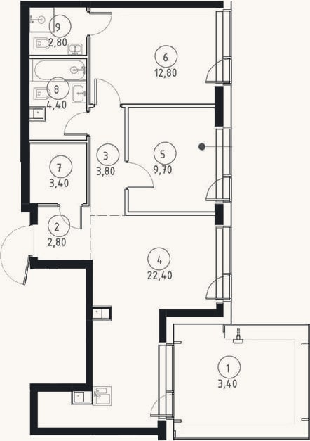 Планировка: 3-к, 62,1 м²