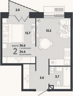 Планировка: 2-к, 34,6 м²