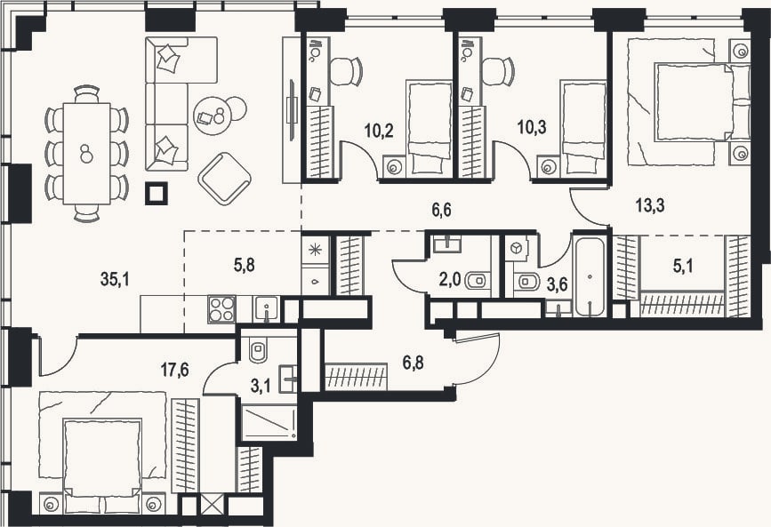 Планировка: 4+ к, 119,5 м²