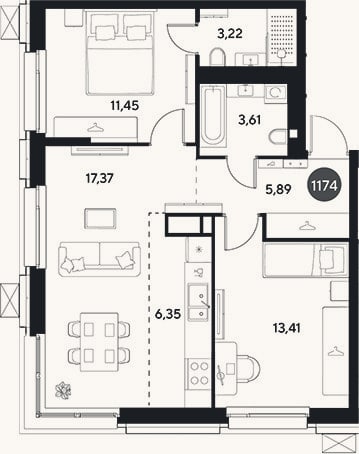 Планировка: 3-к, 61,3 м²