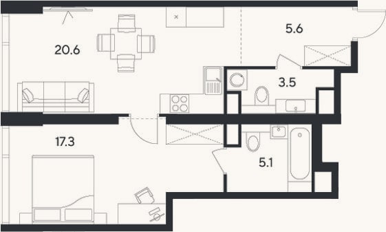 Планировка: 2-к, 52,1 м²