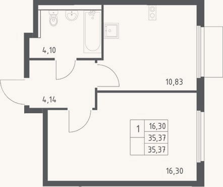 Планировка: 1-к, 35,4 м²