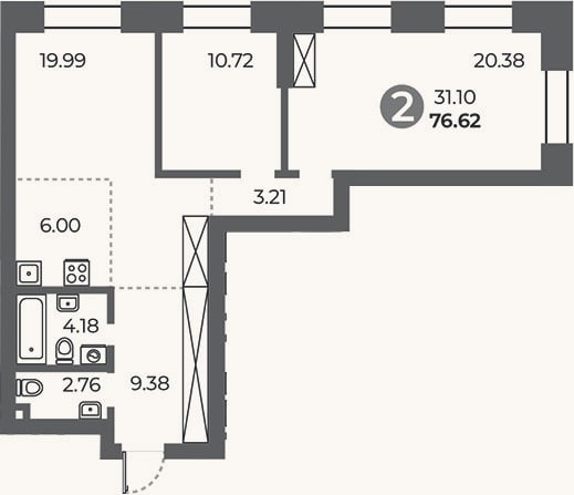 Планировка: 2-к, 76,6 м²