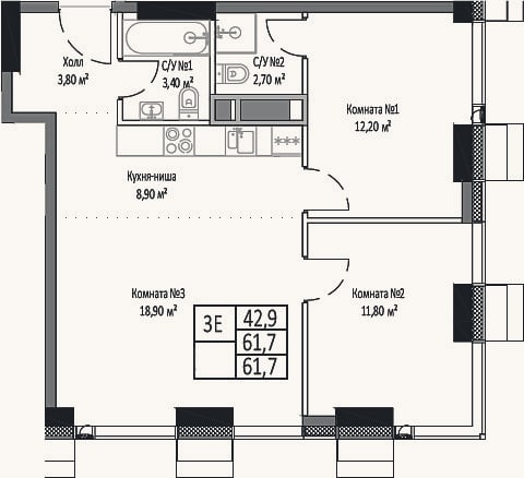 Планировка: 3-к, 61,7 м²