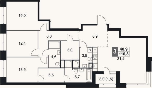 Планировка: 3-к, 114,8 м²