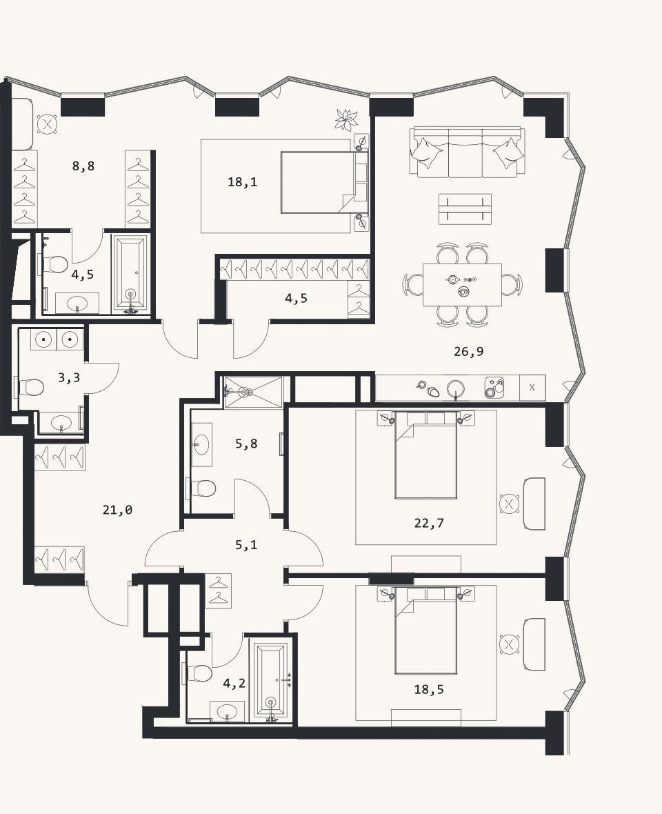 Планировка: 4+ к, 143,4 м²