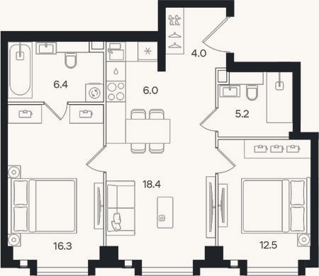 Планировка: 3-к, 68,8 м²