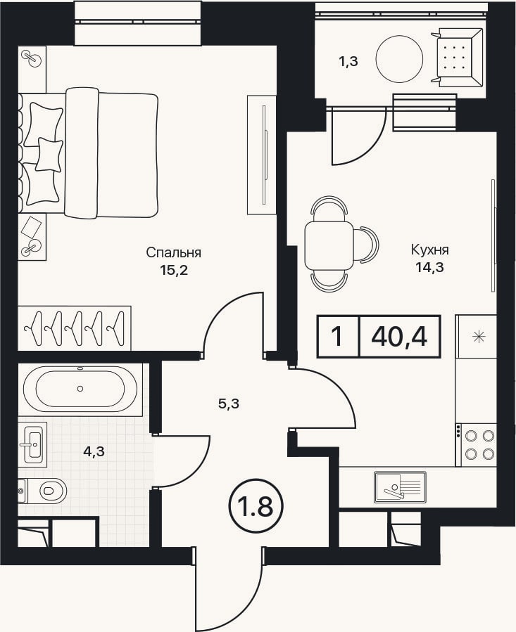 Планировка: 1-к, 39,1 м²