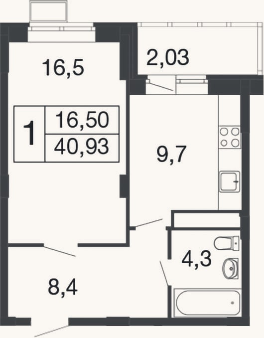 Планировка: 1-к, 38,9 м²