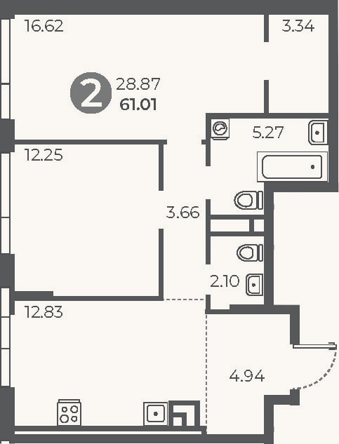 Планировка: 2-к, 61 м²