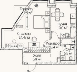 Планировка: 1-к, 50,7 м²
