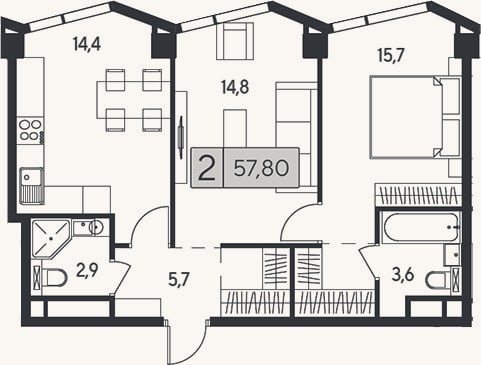 Планировка: 2-к, 57,8 м²