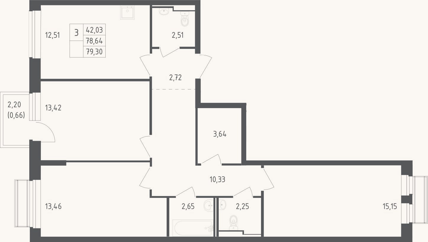 Планировка: 3-к, 78,6 м²