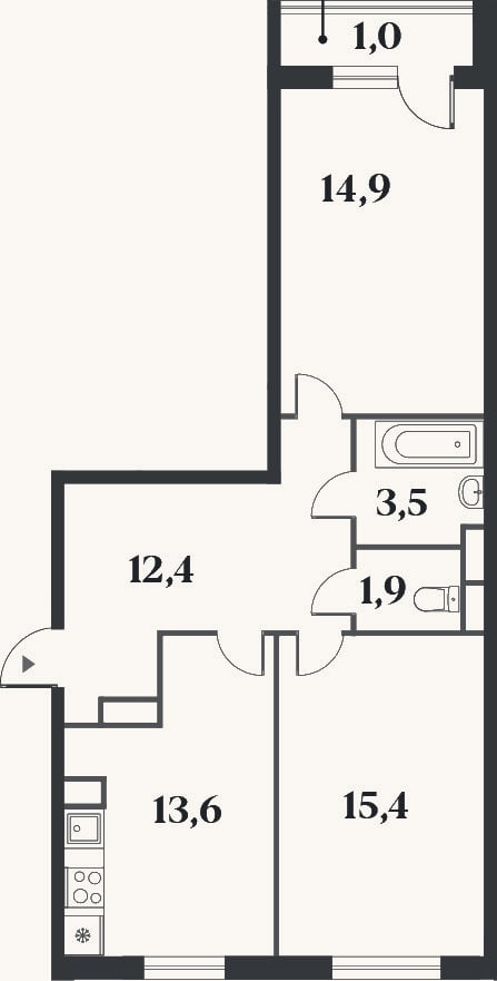 Планировка: 2-к, 61,7 м²