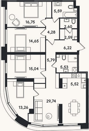 Планировка: 4+ к, 127,6 м²